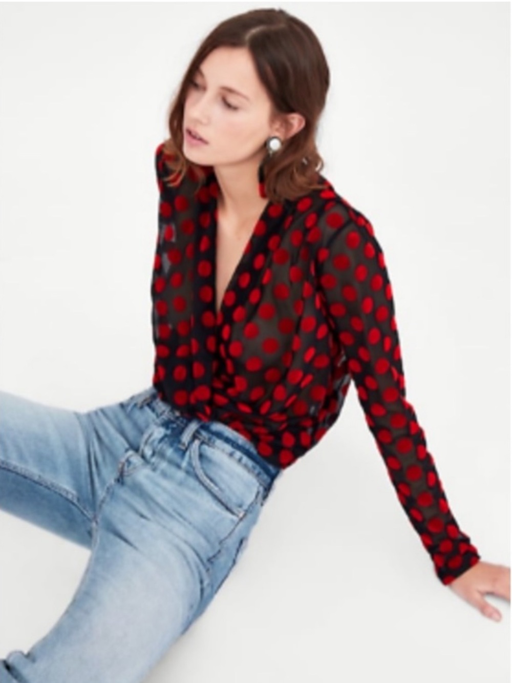 Zara Gorgeous Sheer Black Top w/Red Velvet Polka Dots, Size S